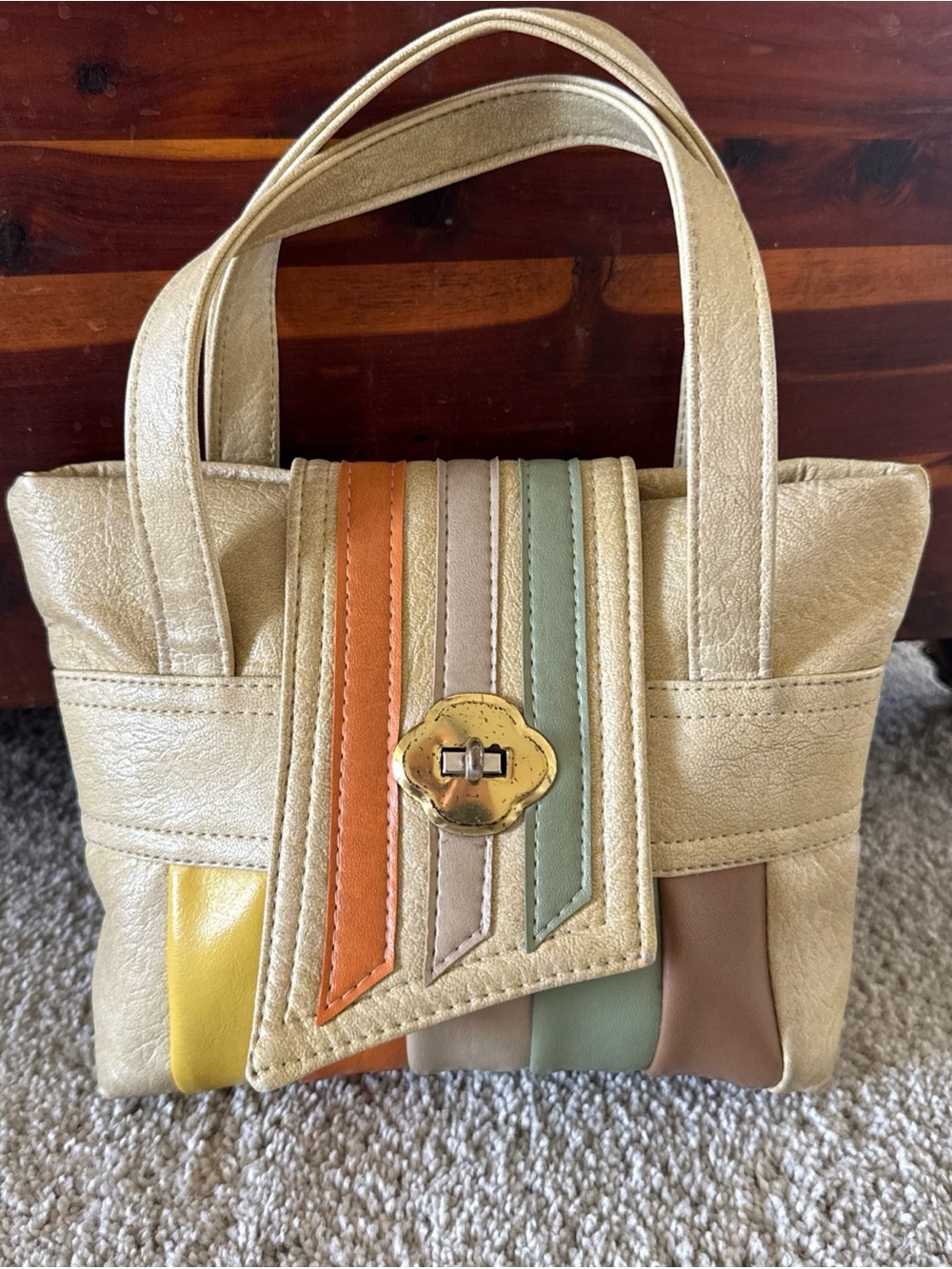 1970s Vintage Patchwork Shoulder Multicolor Striped Tote Bag/ Purse